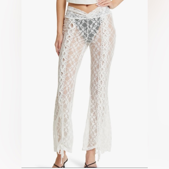 House of Sunny Lovers Lace Sheer Kick Flare Pants Porcelain NEW - Picture 6 of 10